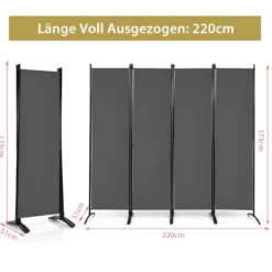4-teiliger 173 cm Hoher Raumteiler Tragbare Trennwand mit Stahlrahmen Grau