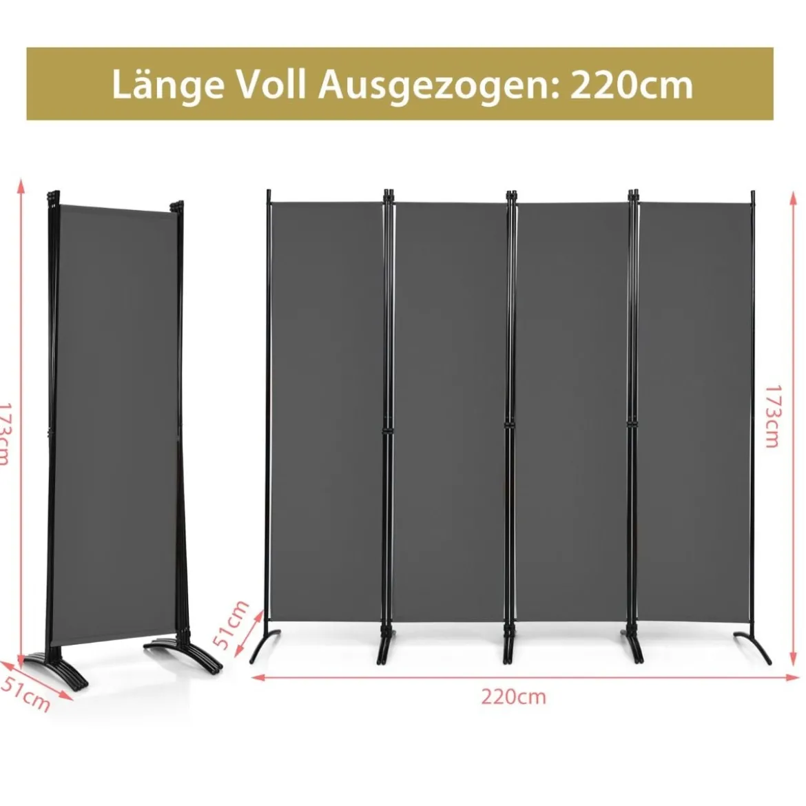 4-teiliger 173 cm Hoher Raumteiler Tragbare Trennwand mit Stahlrahmen Grau