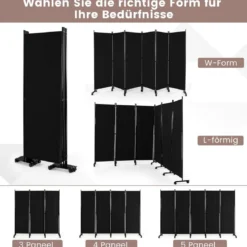 6-Teiliger Faltbarer Raumteiler 172 cm Hoher Sichtschutz mit Feststellbaren Rädern Schwarz