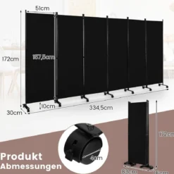 6-Teiliger Faltbarer Raumteiler 172 cm Hoher Sichtschutz mit Feststellbaren Rädern Schwarz