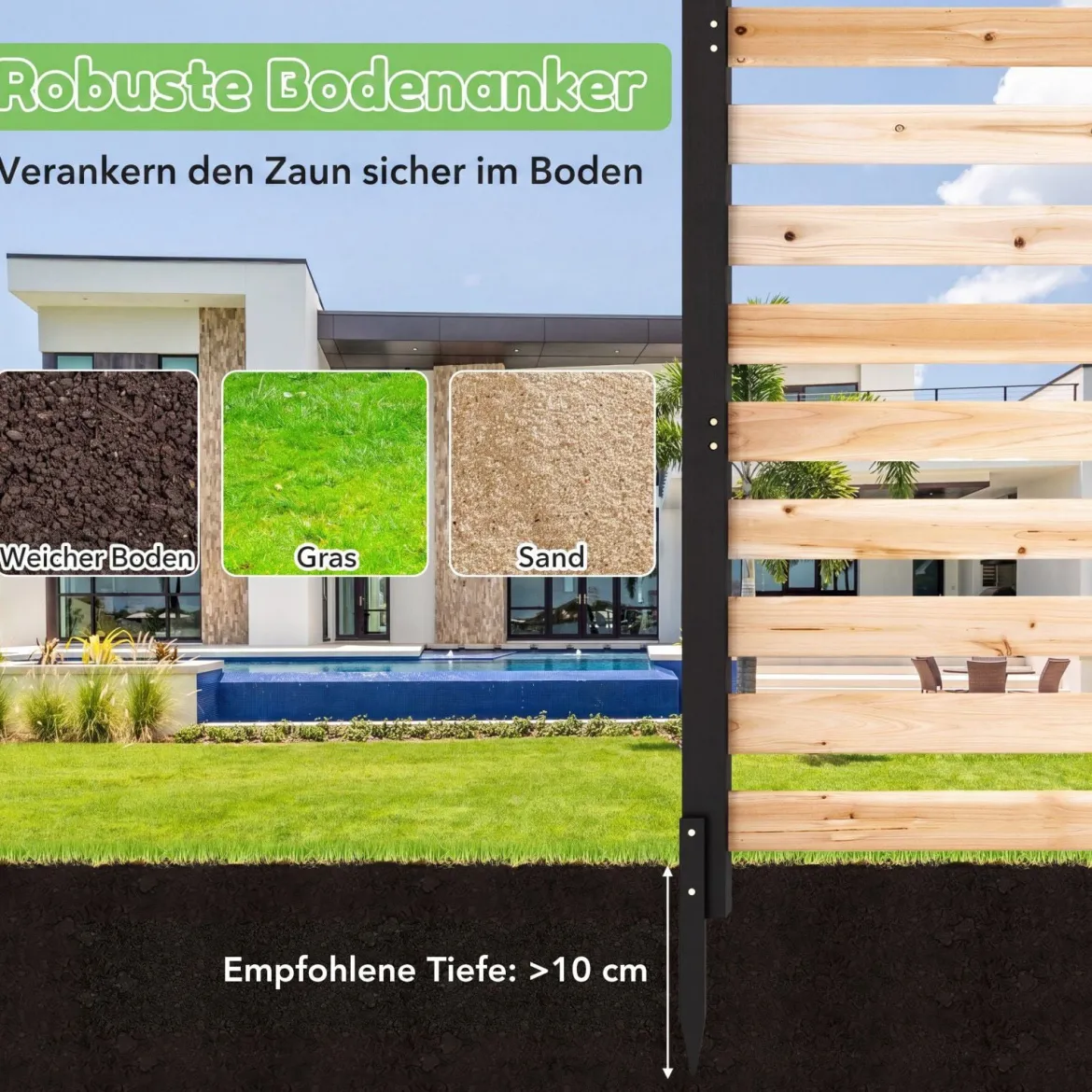 4-teiliger Gartenzaun mit Holzpfählen Sichtschutzzaun Dekorativer Steckzaun Natur