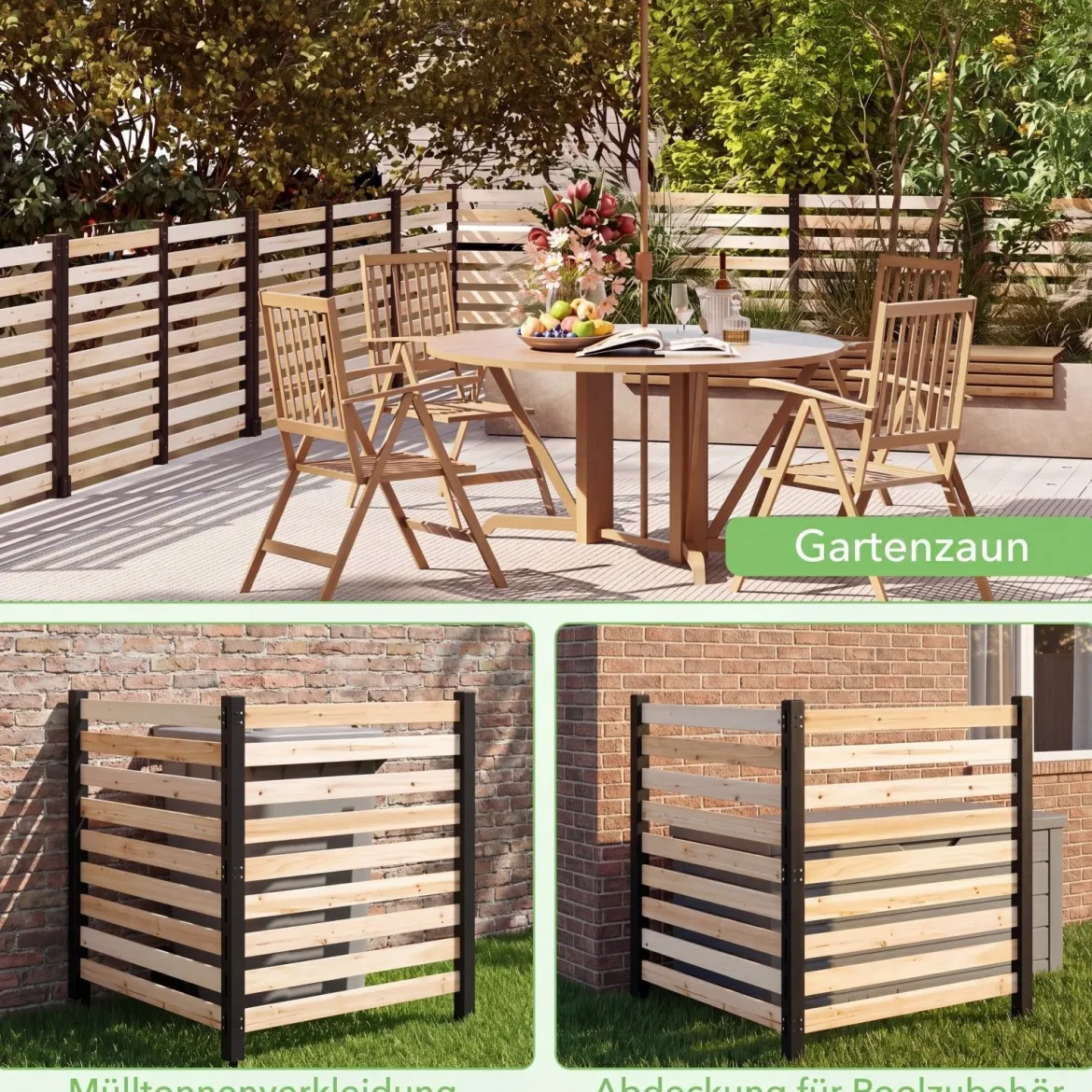 4-teiliger Gartenzaun mit Holzpfählen Sichtschutzzaun Dekorativer Steckzaun Natur