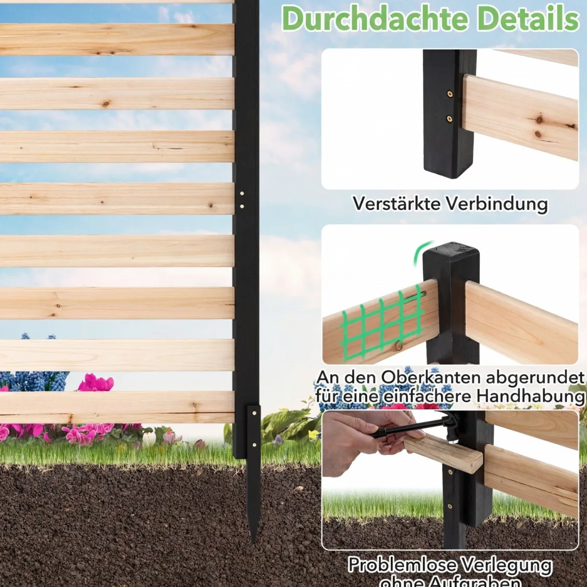 4-teiliger Gartenzaun mit Holzpfählen Sichtschutzzaun Dekorativer Steckzaun Natur