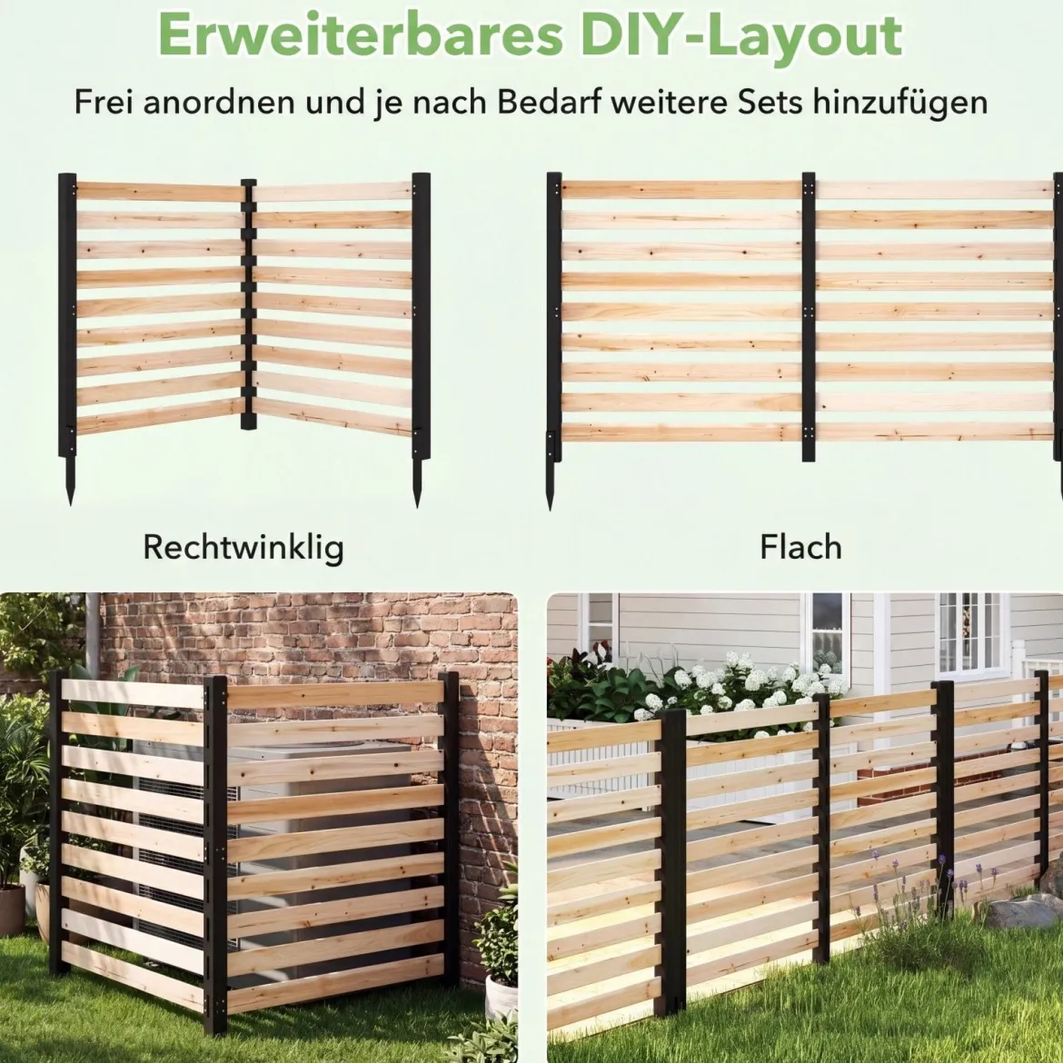 4-teiliger Gartenzaun mit Holzpfählen Sichtschutzzaun Dekorativer Steckzaun Natur