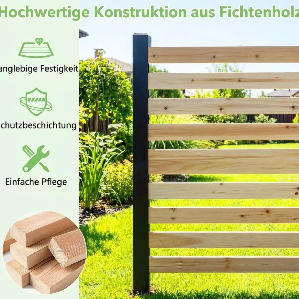 4-teiliger Gartenzaun mit Holzpfählen Sichtschutzzaun Dekorativer Steckzaun Natur