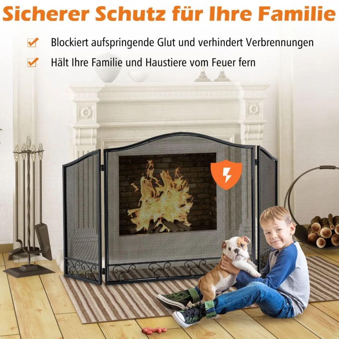 3-teiliger Kaminbildschirm faltbarer Metallschutzgitter Kaminabdeckung 93 x 59 cm Schwarz