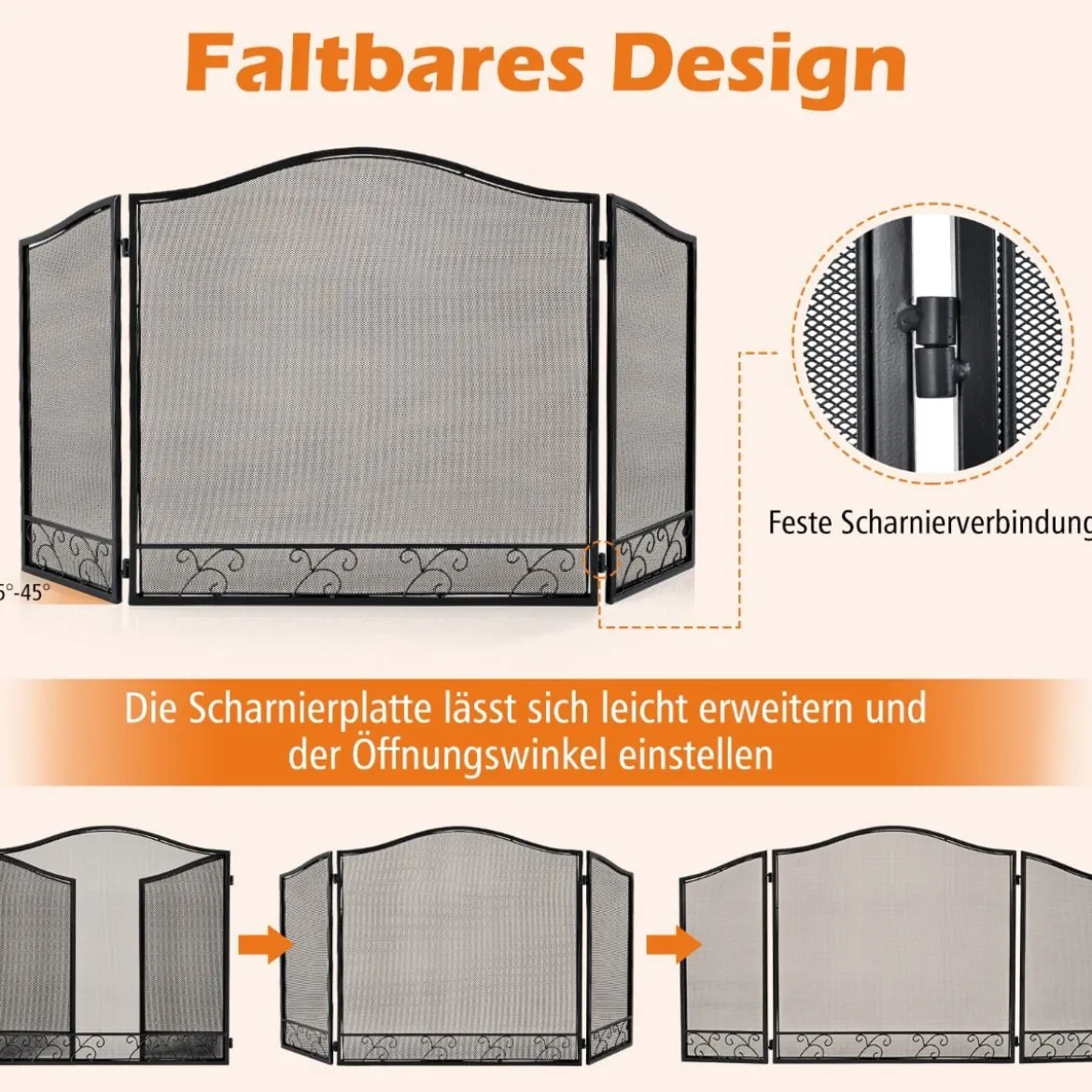3-teiliger Kaminbildschirm faltbarer Metallschutzgitter Kaminabdeckung 93 x 59 cm Schwarz