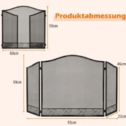 3-teiliger Kaminbildschirm faltbarer Metallschutzgitter Kaminabdeckung 93 x 59 cm Schwarz