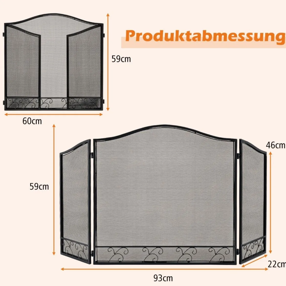 3-teiliger Kaminbildschirm faltbarer Metallschutzgitter Kaminabdeckung 93 x 59 cm Schwarz