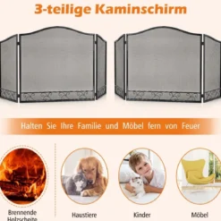 3-teiliger Kaminbildschirm faltbarer Metallschutzgitter Kaminabdeckung 93 x 59 cm Schwarz