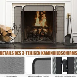 3-teiliger Kaminschutz Funkenschutz aus schmiedeeisernem Metallgeflecht mit flexiblen Scharnieren