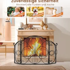 3-teiliger klappbarer Funkenschutz mit Blumenmuster dekorative Kaminbarriere aus Drahtgeflecht robuster 151 x 83 cm