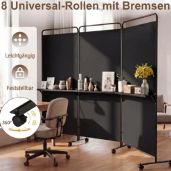 3-teiliger Raumteiler auf Rollen Faltbarer Paravent Sichtschutzwand mit 3 Regalböden Weiß/Schwarz/Grau