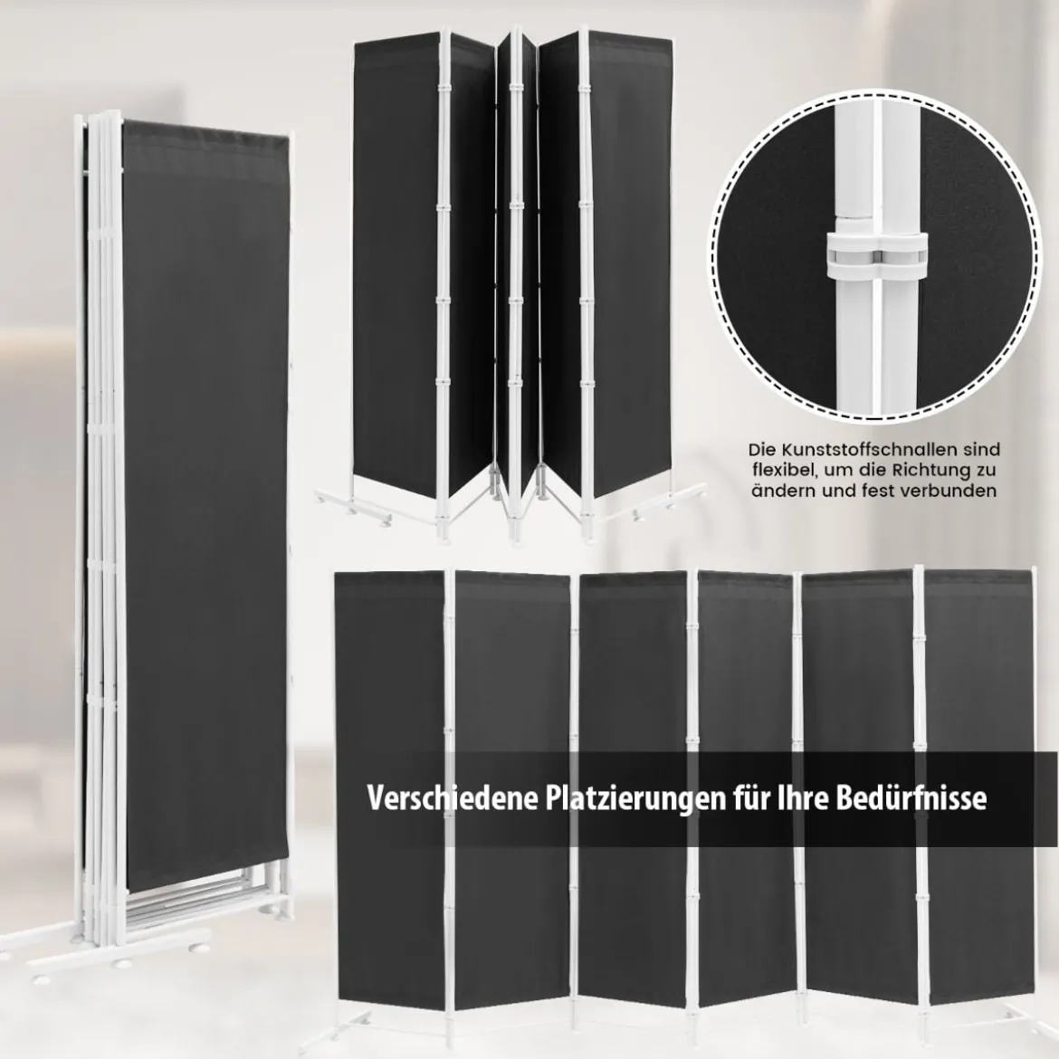 6-teiliger Raumteiler mit Langlebigen Scharnieren & Metallbasis 300 cm Lang Grau