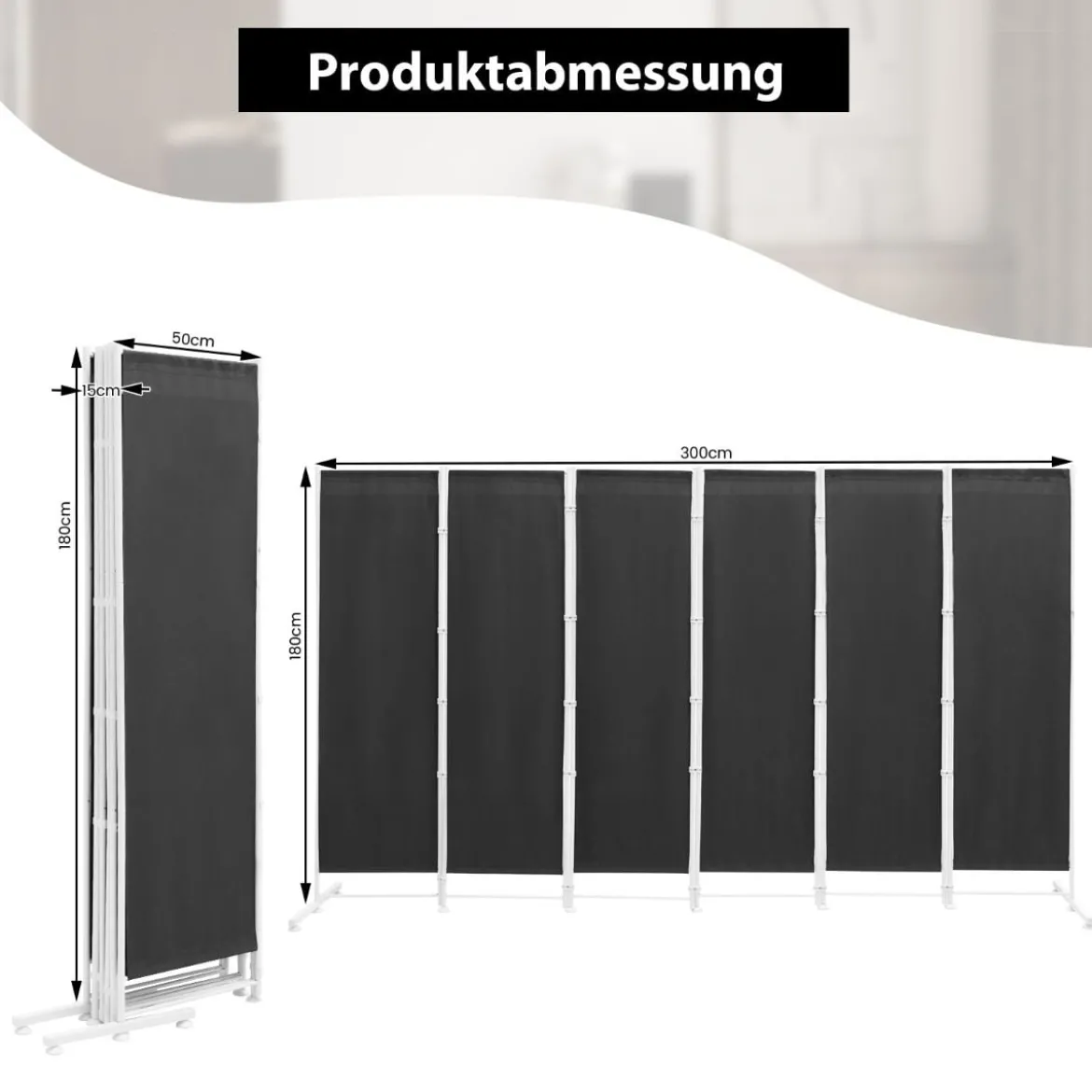 6-teiliger Raumteiler mit Langlebigen Scharnieren & Metallbasis 300 cm Lang Grau