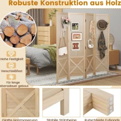 4-teiliger Raumteiler mit Stecktafel faltbarer Raumteiler freistehender Sichtschutz mit Massivholzrahmen Natur