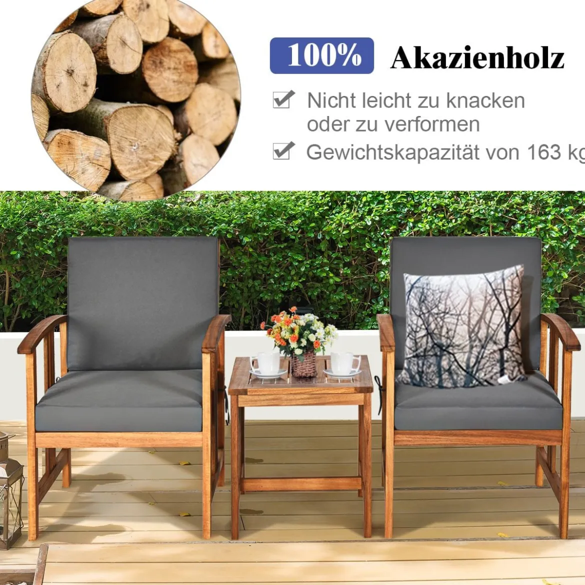 3-teiliges Akazienholz-Sofa-Set mit Kissen gepolstertes Sektionsgesprächs-Möbel-Set mit Couchtisch