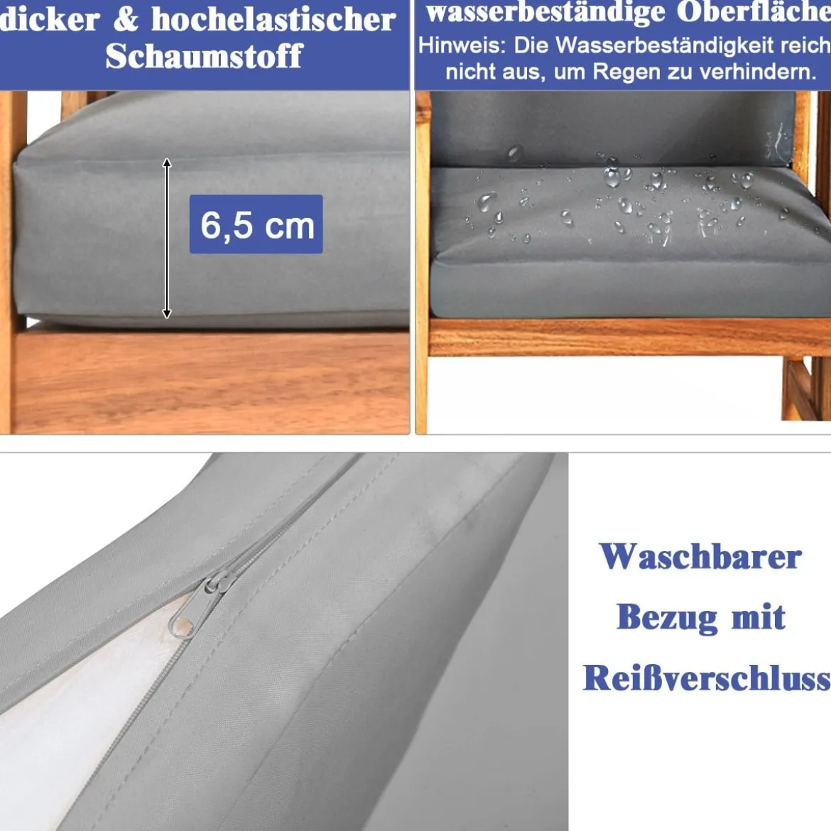 3-teiliges Akazienholz-Sofa-Set mit Kissen gepolstertes Sektionsgesprächs-Möbel-Set mit Couchtisch