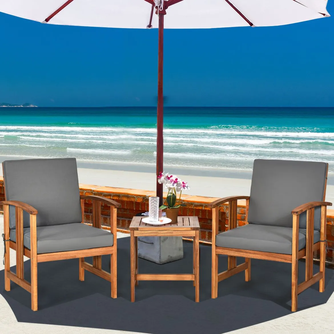 3-teiliges Akazienholz-Sofa-Set mit Kissen gepolstertes Sektionsgesprächs-Möbel-Set mit Couchtisch