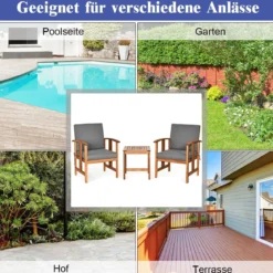 3-teiliges Akazienholz-Sofa-Set mit Kissen gepolstertes Sektionsgesprächs-Möbel-Set mit Couchtisch