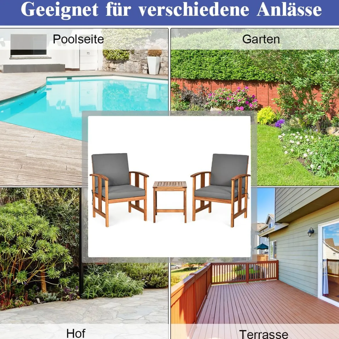 3-teiliges Akazienholz-Sofa-Set mit Kissen gepolstertes Sektionsgesprächs-Möbel-Set mit Couchtisch
