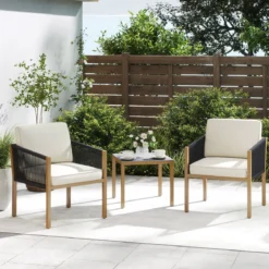 3 Teiliges Bistro Set Geflochtenes Seil mit Kissen für Balkon Terrasse Garten Beige