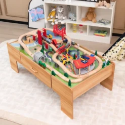 100-teiliges Eisenbahn-Spielzeugset aus Holz mit umkehrbarer Tischplatte für Kinder ab 3 Jahren