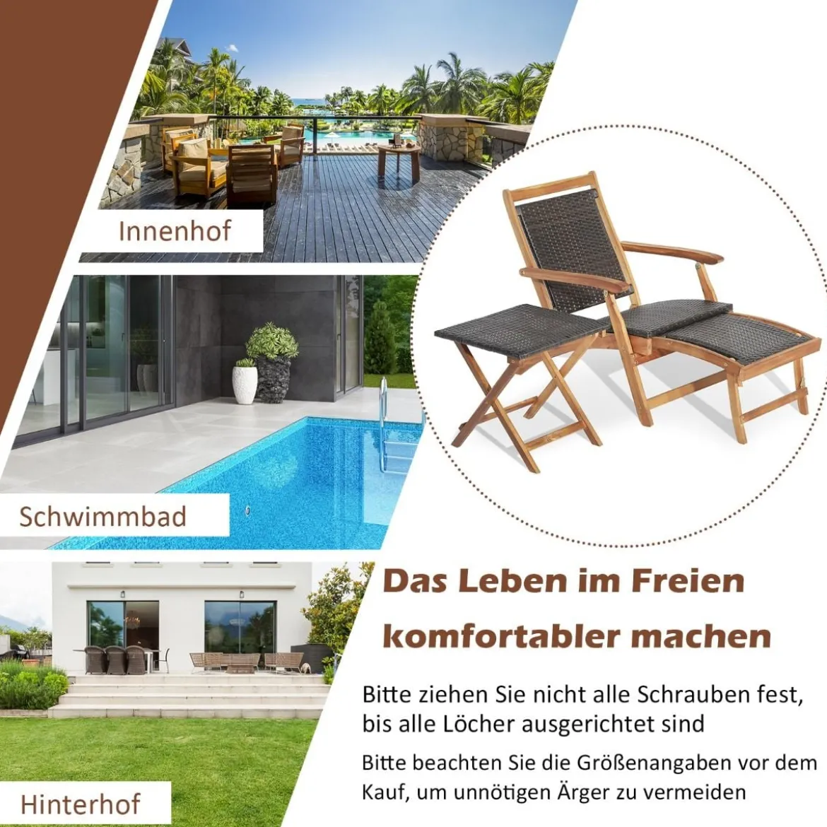 2-teiliges Gartenmöbel-Set aus Stuhl mit Ausziehbarer Fußstütze & Beistelltisch aus Akazienholz Braun