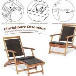 2-teiliges Gartenmöbel-Set aus Stuhl mit Ausziehbarer Fußstütze & Beistelltisch aus Akazienholz Braun