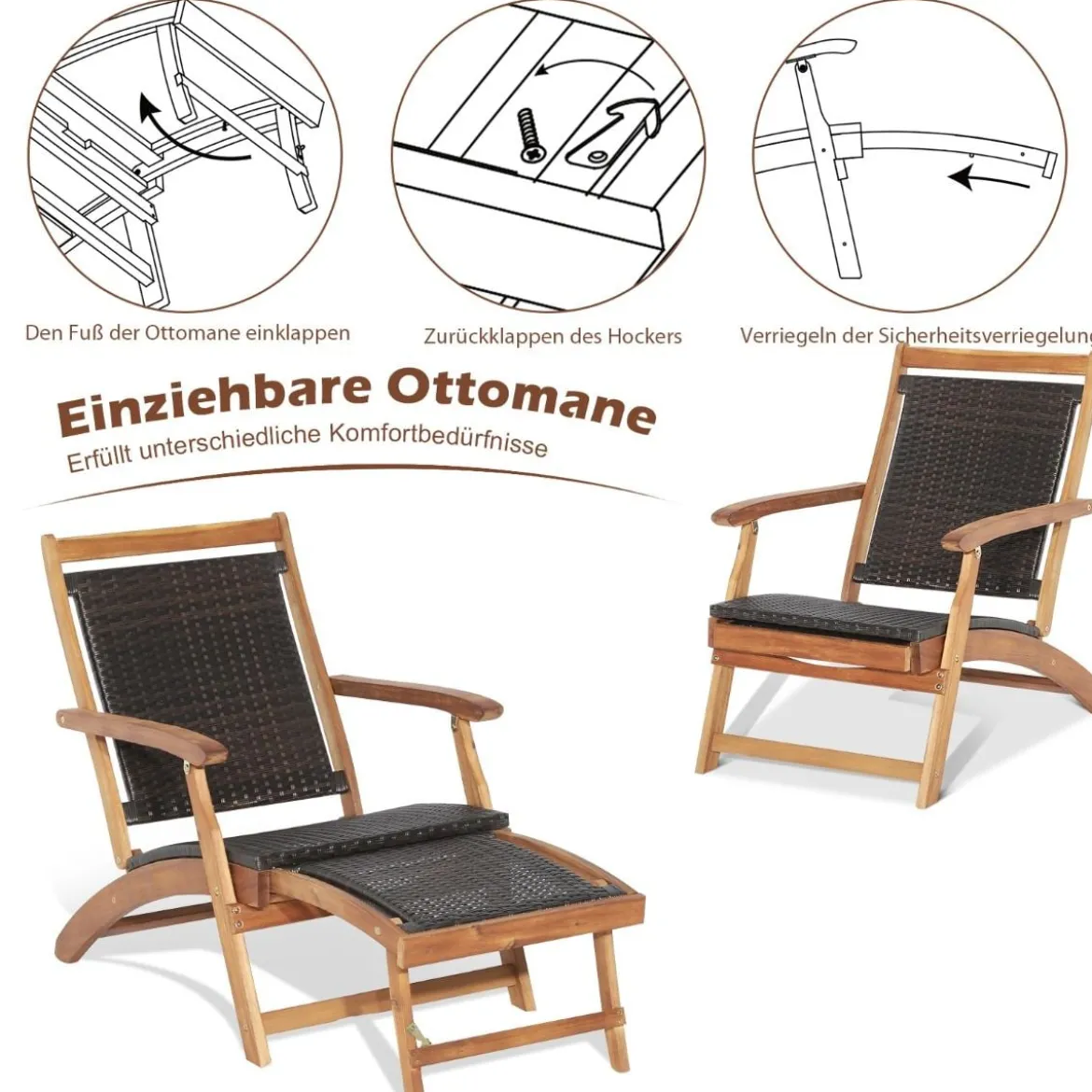 2-teiliges Gartenmöbel-Set aus Stuhl mit Ausziehbarer Fußstütze & Beistelltisch aus Akazienholz Braun