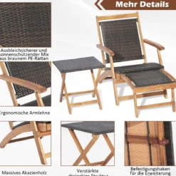 2-teiliges Gartenmöbel-Set aus Stuhl mit Ausziehbarer Fußstütze & Beistelltisch aus Akazienholz Braun