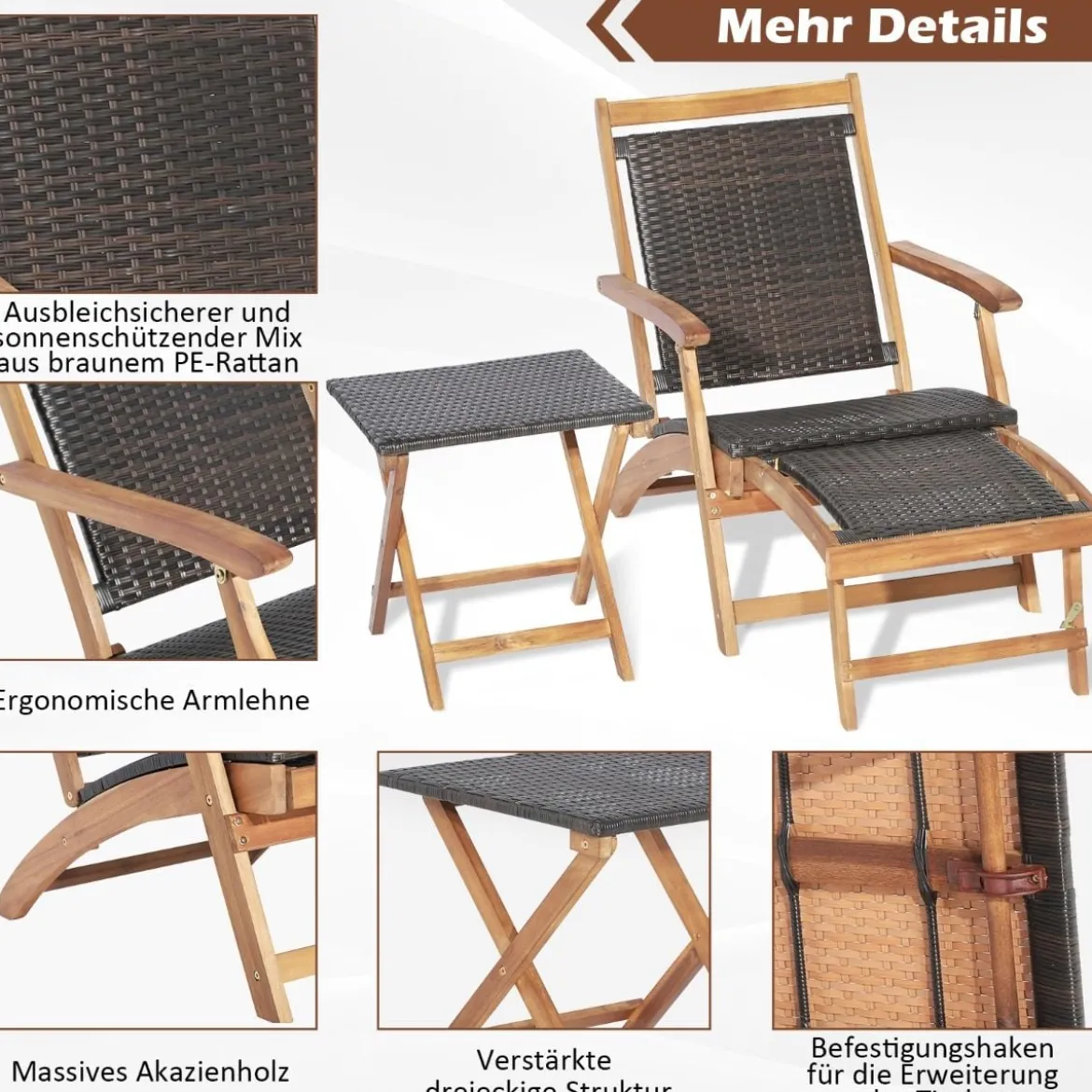2-teiliges Gartenmöbel-Set aus Stuhl mit Ausziehbarer Fußstütze & Beistelltisch aus Akazienholz Braun