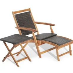 2-teiliges Gartenmöbel-Set aus Stuhl mit Ausziehbarer Fußstütze & Beistelltisch aus Akazienholz Braun