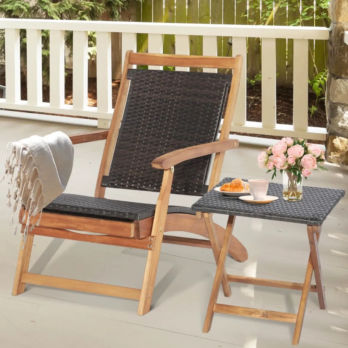 2-teiliges Gartenmöbel-Set aus Stuhl mit Ausziehbarer Fußstütze & Beistelltisch aus Akazienholz Braun