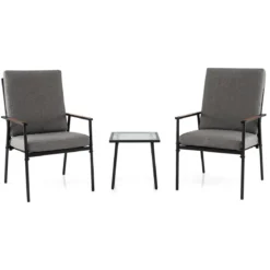 3-teiliges Gartenmöbel Set Balkonmöbel mit 2 Stühlen aus Metallrahmen & Tisch mit Glasplatte Grau
