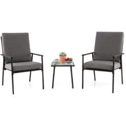 3-teiliges Gartenmöbel Set Balkonmöbel mit 2 Stühlen aus Metallrahmen & Tisch mit Glasplatte Grau