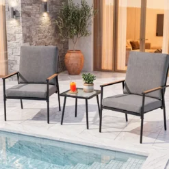 3-teiliges Gartenmöbel Set Balkonmöbel mit 2 Stühlen aus Metallrahmen & Tisch mit Glasplatte Grau
