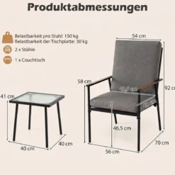 3-teiliges Gartenmöbel Set Balkonmöbel mit 2 Stühlen aus Metallrahmen & Tisch mit Glasplatte Grau