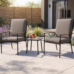 3-teiliges Gartenmöbel Set Balkonmöbel mit 2 Stühlen aus Metallrahmen & Tisch mit Glasplatte Grau