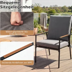 3-teiliges Gartenmöbel Set Balkonmöbel mit 2 Stühlen aus Metallrahmen & Tisch mit Glasplatte Grau