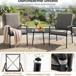 3-teiliges Gartenmöbel Set Balkonmöbel mit 2 Stühlen aus Metallrahmen & Tisch mit Glasplatte Grau
