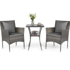 3-teiliges Gartenmöbel Set Balkon Set inkl. 2 Rattanstühle mit doppellagigem Tisch aus gehärtetem Glas Grau