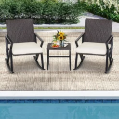 3-Teiliges Gartenmöbel-Set Handgewebte Schaukelstühle & Beistelltisch