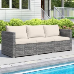3-teiliges Gartensofa Set Lounge Sofa 3 Sitzer aus PE Rattan Modulares Sofa mit weichen Kissen Weiß
