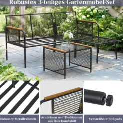 3-teiliges Geflecht-Möbelset Outdoor L-förmiges Sofa mit Kissen & Sicherheitsglas-Beistelltisch Grau