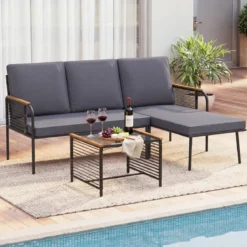 3-teiliges Geflecht-Möbelset Outdoor L-förmiges Sofa mit Kissen & Sicherheitsglas-Beistelltisch Grau