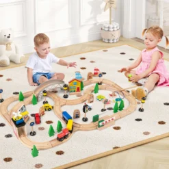 78 teiliges Kinder Eisenbahn Set 5 in 1 Holz Eisenbahntisch mit Umkehrbarer Tischplatte & Tafel