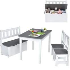 4 teiliges Kindersitzgruppe Holz Sitzgruppe Kinder Kindertischgruppe Grau + Weiß
