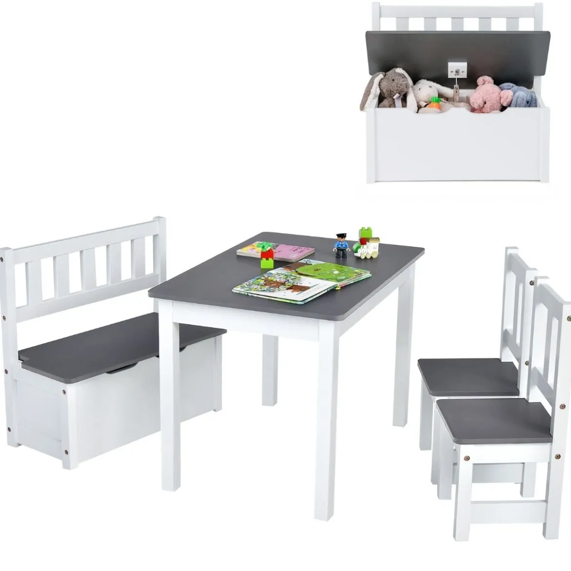 4 teiliges Kindersitzgruppe Holz Sitzgruppe Kinder Kindertischgruppe Grau + Weiß