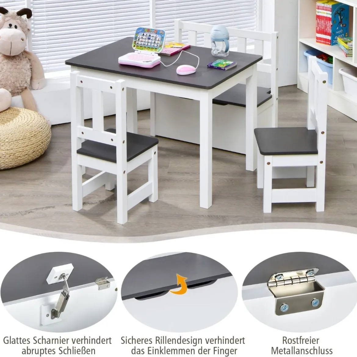 4 teiliges Kindersitzgruppe Holz Sitzgruppe Kinder Kindertischgruppe Grau + Weiß